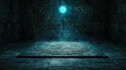Mysterious Dark Chamber with Intricate Symbol on Stone Floor and Enigmatic Blue Light Illuminating Ancient Walls, Perfect for Fantasy and Adventure Themes
