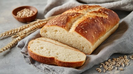 Freshly baked loaf of bread with a golden crust, sliced and resting on a rustic table, surrounded by wheat stalks and a bowl of grains.