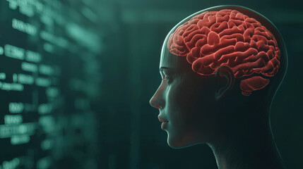 Fototapeta premium futuristic AI interface showcasing human like head with glowing brain, symbolizing advanced technology and cognitive analysis