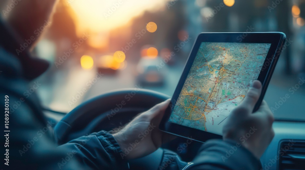 Poster A driver uses a tablet for navigation while driving in the city.