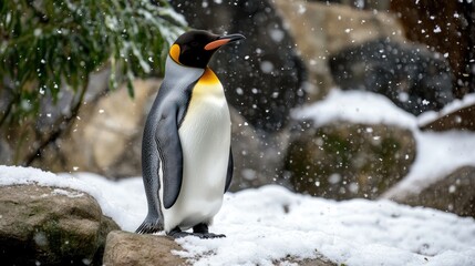 Obraz premium Penguin standing gracefully on rocky snowy landscape amidst gentle snowfall, surrounded by blurred green foliage and natural stone backdrop.