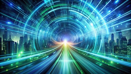 Fototapeta premium A glowing digital portal leads through the heart of a futuristic cityscape, symbolizing the interconnectedness of technology and urban life.
