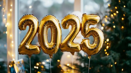 Shiny gold "2025" balloons christmas background. Perfect for New Year celebrations, events, or party decorations.