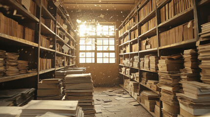 Obraz premium Dusty Archive Room Filled with Stacks of Paper Files and Sunlight Streaming Through Windows Creating a Nostalgic Atmosphere of Forgotten Memories