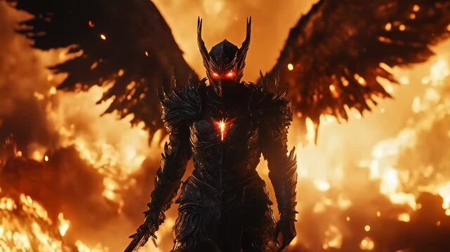 Demonic warrior with a dragon's head and black wings in hellfire. he is dressed in heavy armor with patterns, and in his hand he holds a beautiful sword. Fantasy Angel of death. 