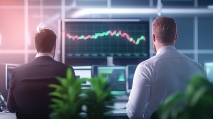 Investors in high tech office analyzing stock market trends on screens, surrounded by greenery. atmosphere is focused and dynamic, reflecting fast paced financial environment