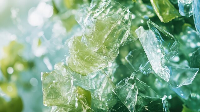 Close-up view of bioplastic pieces showcasing their translucent texture and vibrant colors, emphasizing eco-friendly qualities for sustainable development.