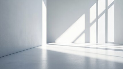Minimalist interior showcasing dramatic light and shadow interplay with large windows casting long, soft shadows on a smooth, light-colored floor.