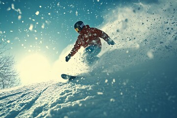 Fototapeta premium A snowboarder is riding a snowboard down a hill. The snowboarder is wearing a red jacket and goggles. The snowboarder is in the middle of a snowstorm