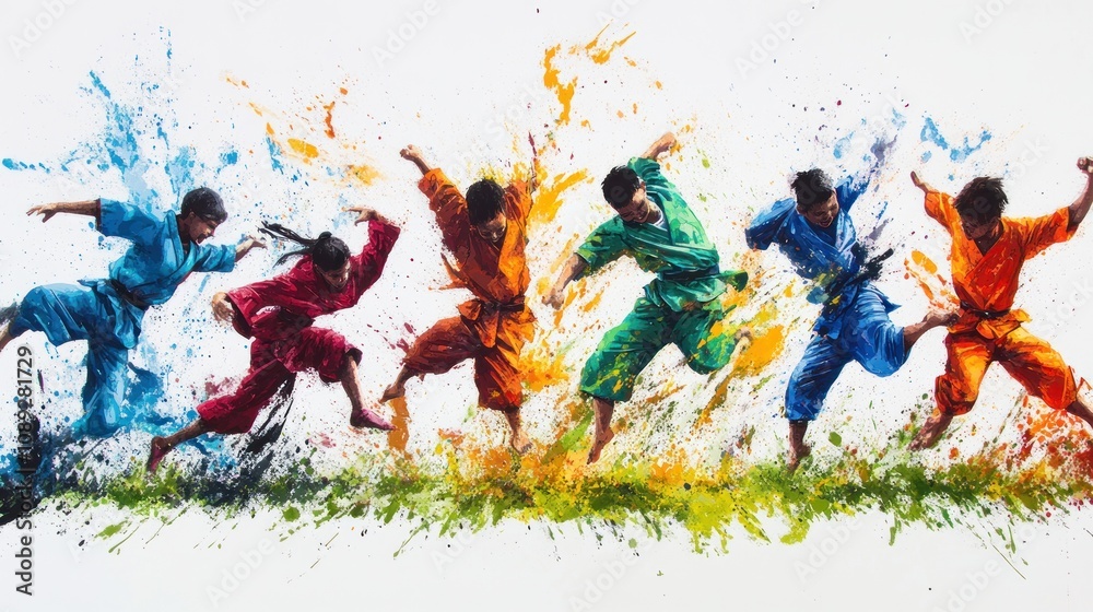 Poster dynamic martial artists in colorful uniforms, surrounded by vibrant splashes of paint.