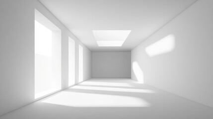 Spacious minimalist interior featuring bright white walls and large windows that let in natural light, creating a serene and airy atmosphere.