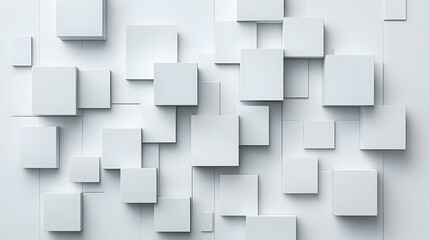 Abstract 3D rendering of white cubes forming a geometric pattern on a white background.