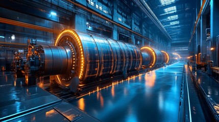 Hydroelectric power station featuring futuristic holographic technology in industrial setting