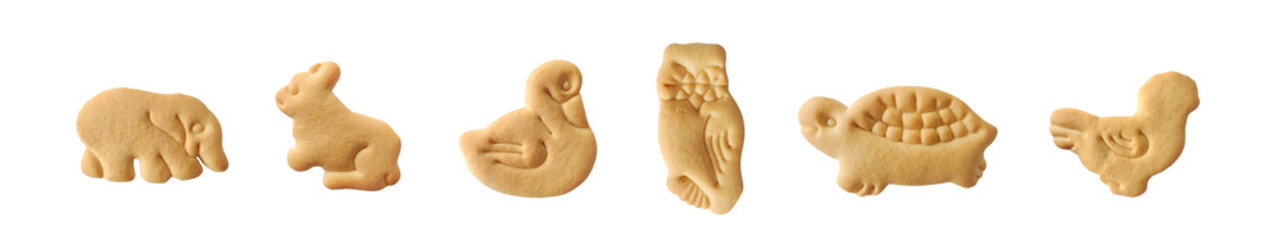 Animal shaped biscuit cookies isolated set on white background                