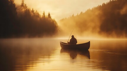 small fishing boat on a misty lake at twilight, with a lone fisherman, concept: calm down. copy space