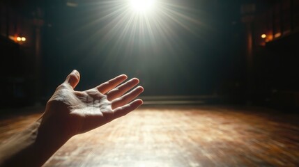 Hand reaching toward an empty theater stage bathed in light, capturing a sense of anticipation and reflection in a nostalgic ambiance
