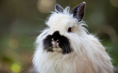 Fototapeta premium Fluffy lionhead rabbit. Adorable lionhead bunny, a symbol of gentleness and purity. Its fluffy fur and charming face evoke feelings of warmth and comfort.