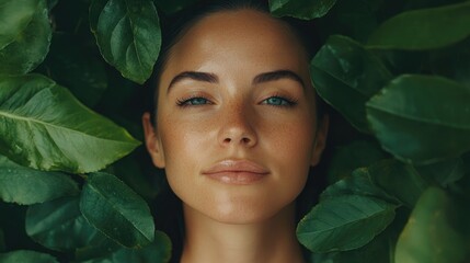 Woman's portrait featuring radiant skin and natural beauty, framed by lush green leaves, highlighting a serene skincare routine in a tranquil setting.