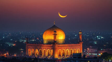 Illuminated mosque at night with crescent moon. (1)