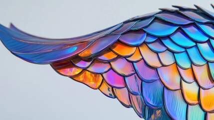 Obraz premium Iridescent Mermaid Tail Sculpture Showcasing Vibrant Colors and Reflective Scales with a Bright Backdrop