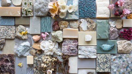 Creative Mood Board of Textured Stone Tiles Combined with Floral and Soap Elements in a Varied Color Palette