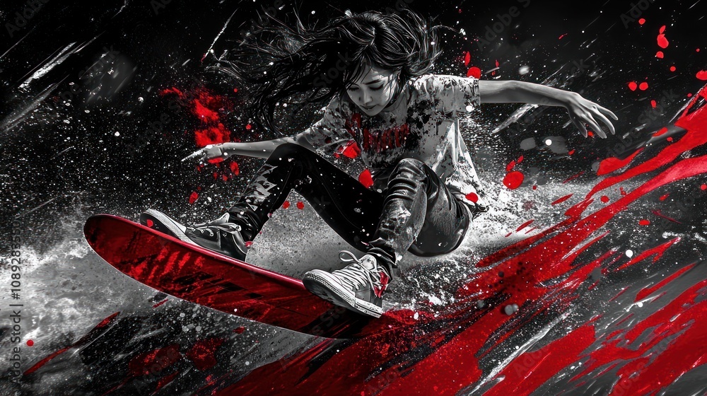 Aufkleber a dynamic skateboarder performs a trick, surrounded by splashes of red and black for dramatic effect