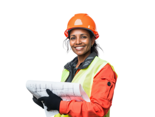 A woman wearing a safety vest and a hard hat is smiling while holding a piece of paper. Concept of confidence and positivity, as the woman is proud of her work or accomplishment