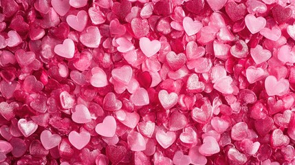 Vibrant pink hearts scattered across a rich red surface, perfect for creating a romantic backdrop for Valentine's Day celebrations.