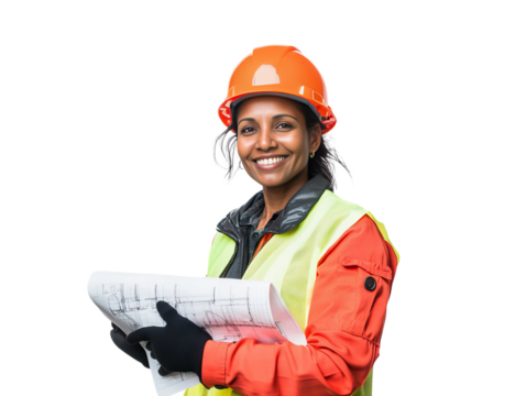 A woman wearing a safety vest and a hard hat is smiling while holding a piece of paper. Concept of confidence and positivity, as the woman is proud of her work or accomplishment