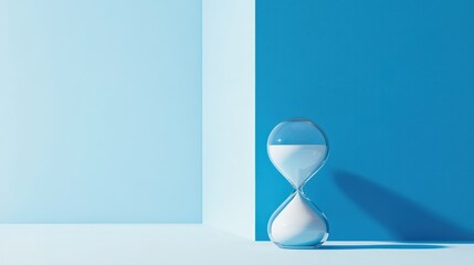 Elegant hourglass beside a desktop calendar against a vibrant blue background, showcasing minimalistic design and tranquil colors.