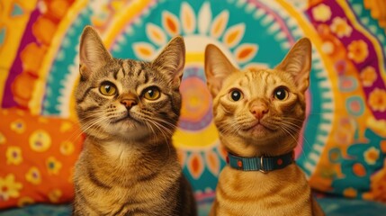 Playful cats with distinct expressions against a colorful, patterned backdrop featuring vibrant mandala designs and bright cushions.