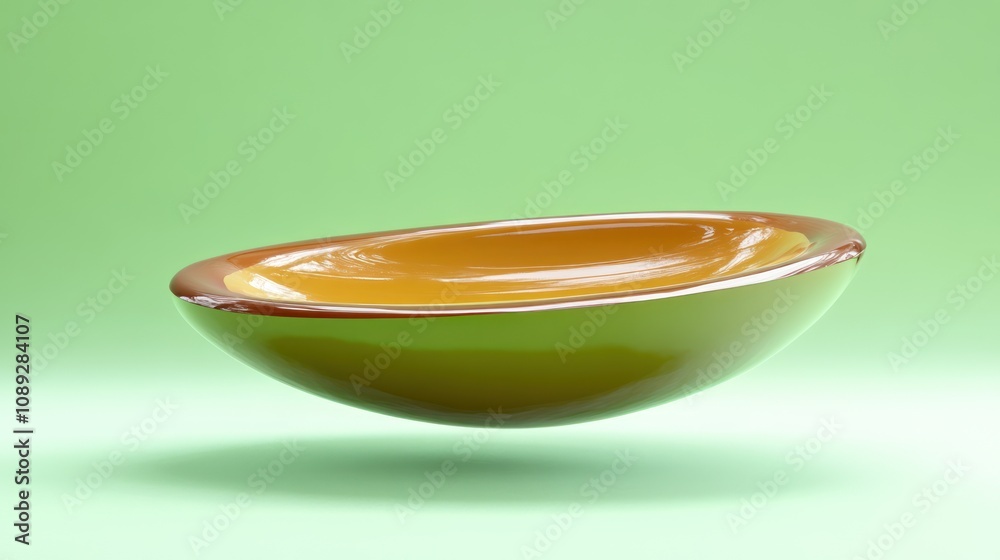 Poster a glossy, oval-shaped bowl with a gradient color scheme, floating against a green background.