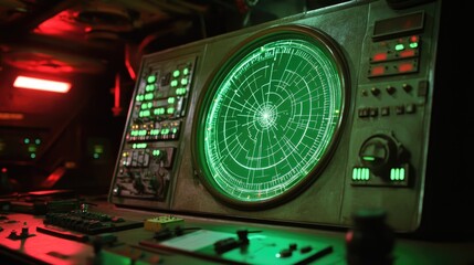 Fototapeta premium Vintage ship bridge dashboard with green radar display and control panels illuminated in red and green lights, creating a retro nautical atmosphere.