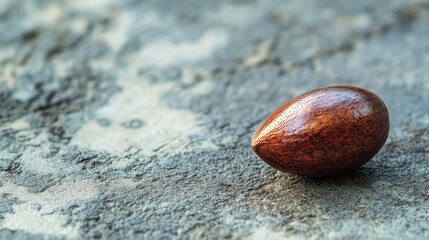 Mahogany seed resting on a textured concrete surface showcasing its rich, dark reddish-brown hue and smooth, polished exterior.