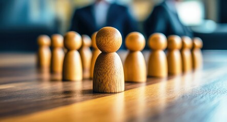 Focused Wooden Figurines on Conference Table with Business Professionals in Background, Symbolizing Teamwork, Leadership, and Collaboration in a Corporate Setting