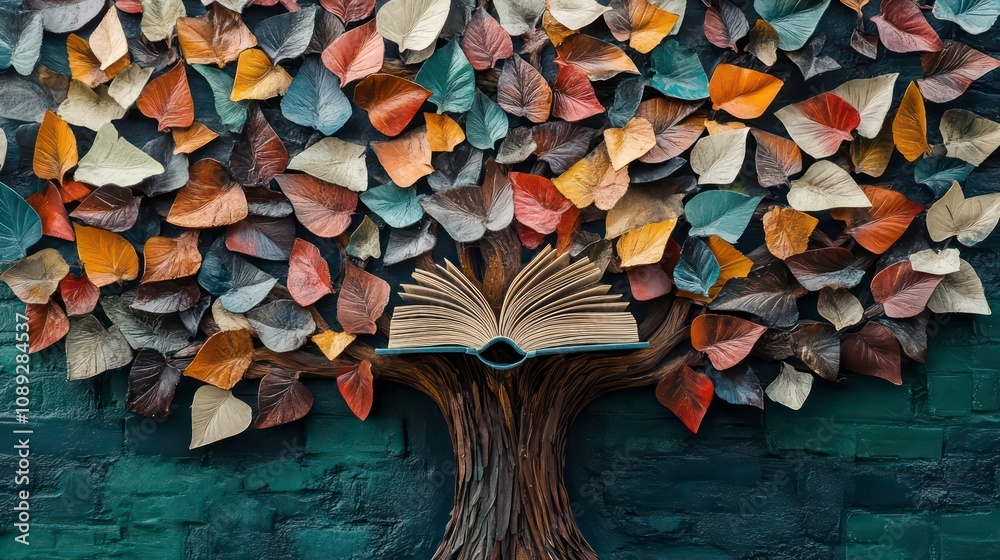 Poster a tree adorned with leaves of books, a symbol of knowledge and growth fostered through creative lear