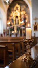 Fototapeta premium Close-up of a flickering candle flame in a church, evoking warmth and tranquility for visitors