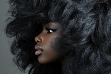 Naklejka premium Profile of an African woman with voluminous curly hair, highlighting her elegant features and smooth complexion against a soft, muted background.
