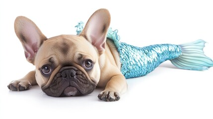 French Bulldog dressed as a mermaid with a shimmering blue fishtail and seashell bra, laying on a white background with a playful expression.