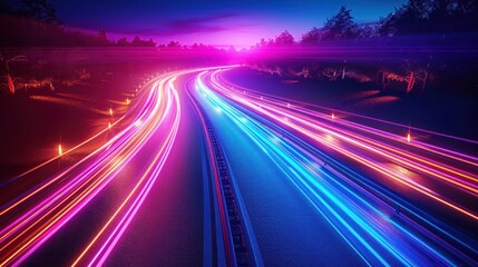 Vibrant light trails on a winding road at night.