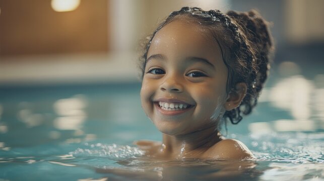Joyful young girl smiling in an indoor pool during swimming lessons, enjoying a fun and carefree experience in the water.