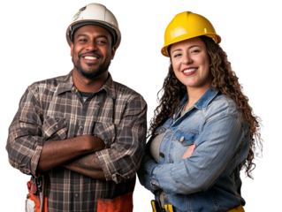 A man and a woman are smiling for the camera. The man is wearing a hard hat and the woman is wearing a blue jacket