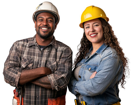 A man and a woman are smiling for the camera. The man is wearing a hard hat and the woman is wearing a blue jacket