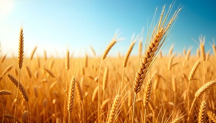 Fototapeta premium Wheat field. Ears of golden wheat close-up. Rich harvest Concept.