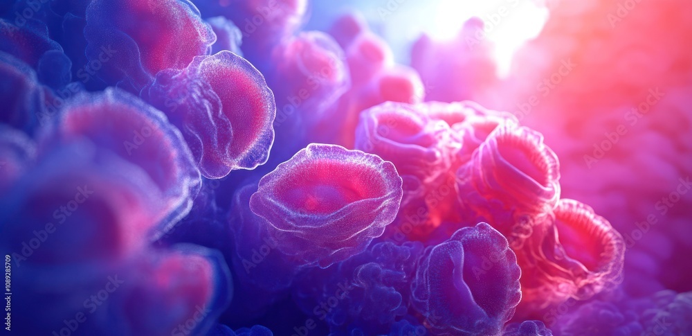Fototapete close-up view of vibrant, microscopic cellular structures in a colorful environment.
