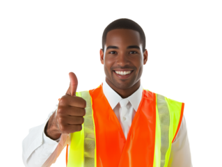 A man in a safety vest is giving a thumbs up. He is smiling and he is happy