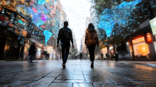 A young couple walking down a bustling city street, surrounded by digital information overlays representing a global data network and interconnected world. - Powered by Adobe