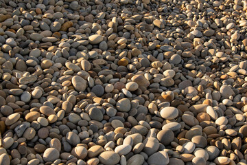 Runde Kiesel am Strand und Sonnenlicht