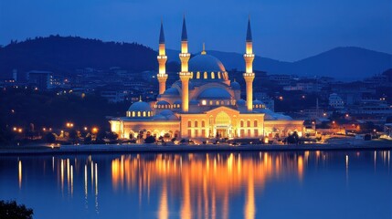 Obraz premium Illuminated mosque by water at night.
