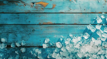Fototapeta premium Crushed ice cubes scattered across a rustic blue wooden surface, viewed from an aerial perspective, highlighting texture and color contrasts.